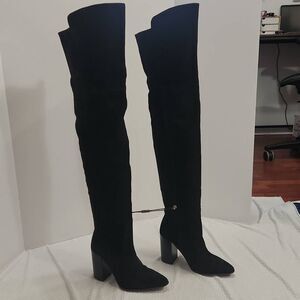 Zara Black Suede Over the Knee Boots Block Heel Women's Size 7.5 US / 38 EU